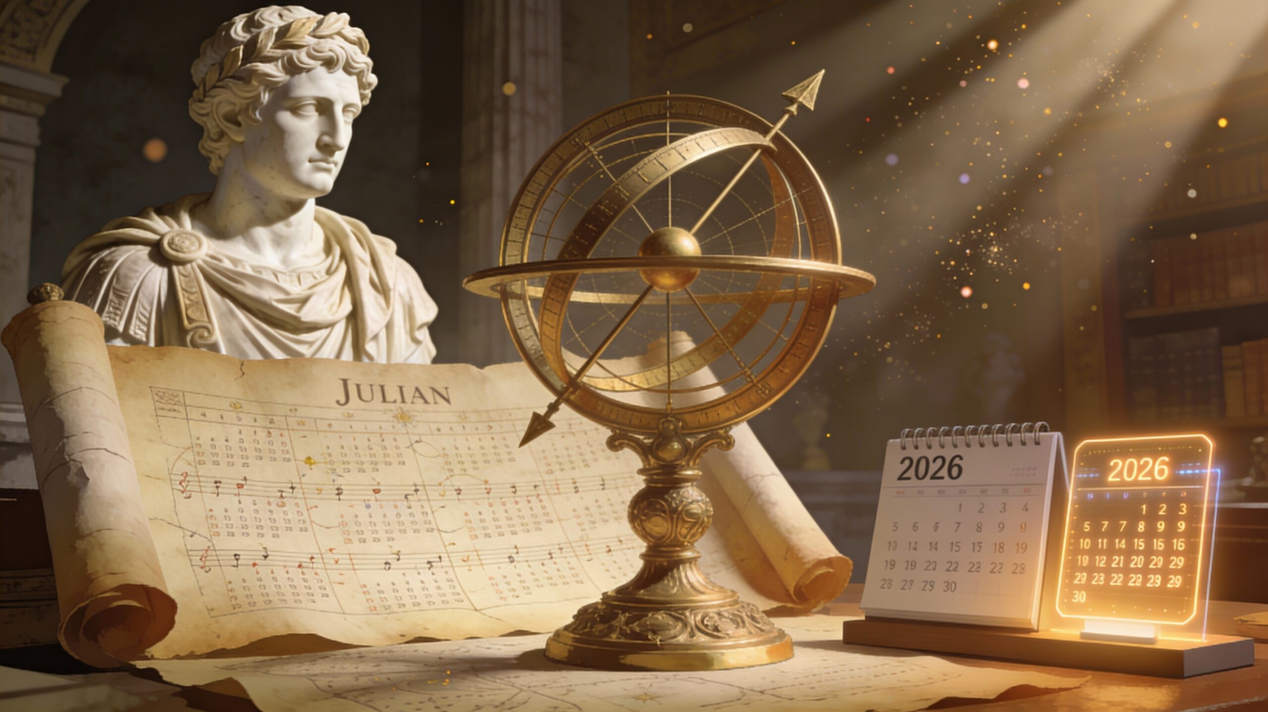 A cinematic and artistic illustration of the history of timekeeping and calendars. In the background, a classical Roman marble bust of Julius Caesar. In the center, a large, ornate golden sundial and an ancient parchment scroll showing the Julian calendar. On the right, a transition into a modern 2026 desk calendar and a glowing digital interface showing dates. The lighting is warm and scholarly, with dust motes dancing in sunbeams, symbolizing the passage of centuries. High detail, 16:9 aspect ratio.